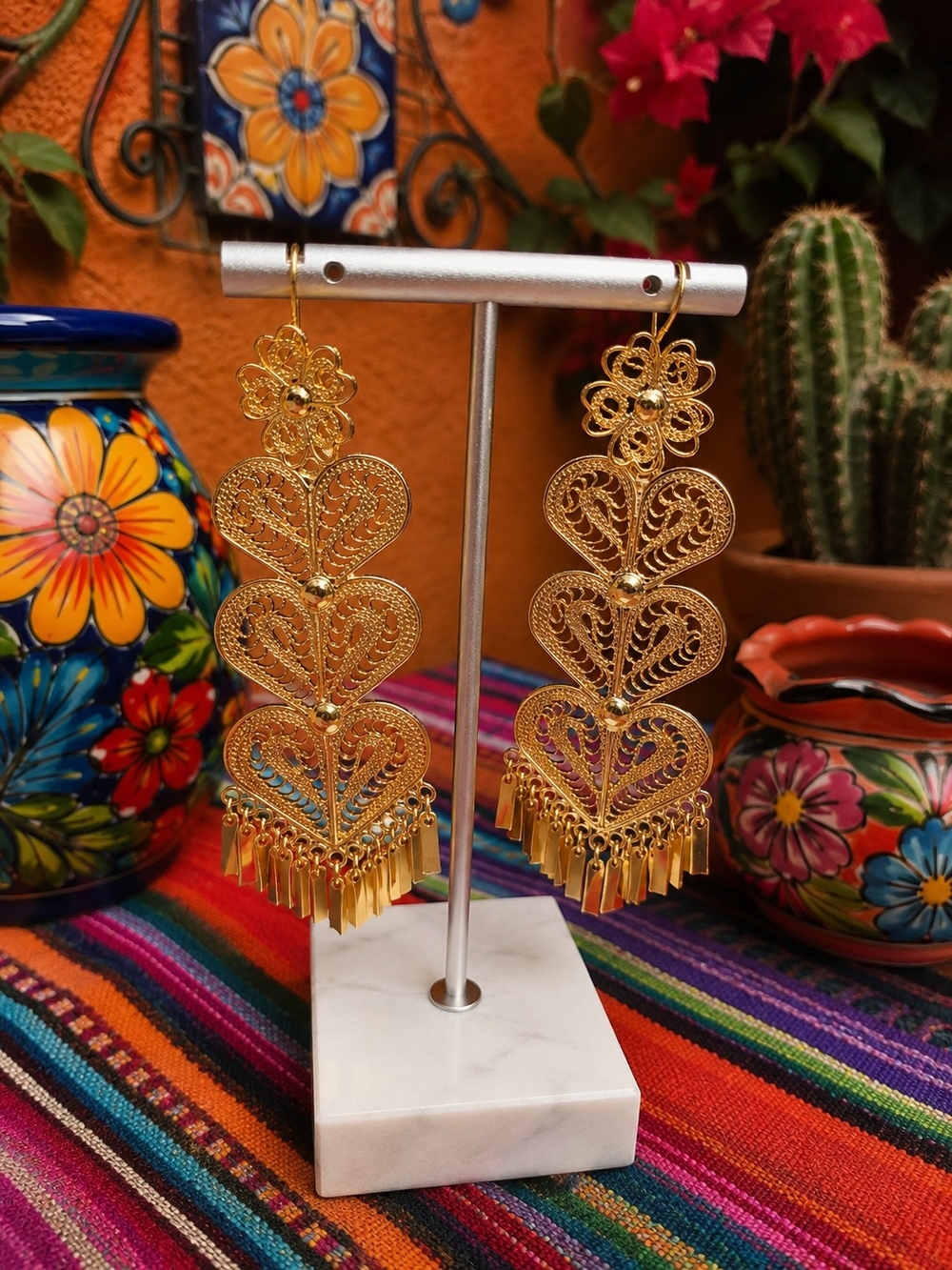 Gold Filigree Heart Fringe Drop Earrings